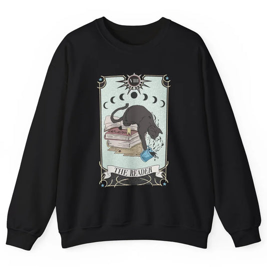 Retro Black Cat Books The Reader Tarot Card Halloween Reading Book Crescent Moon Unisex Crewneck Sweatshirt