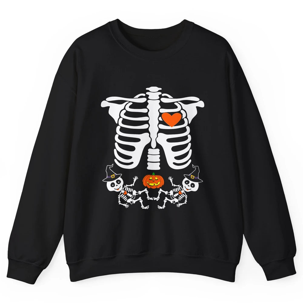 Pregnant Halloween Skeleton Baby Twins Witch Pumpkin Costume Unisex Crewneck Sweatshirt