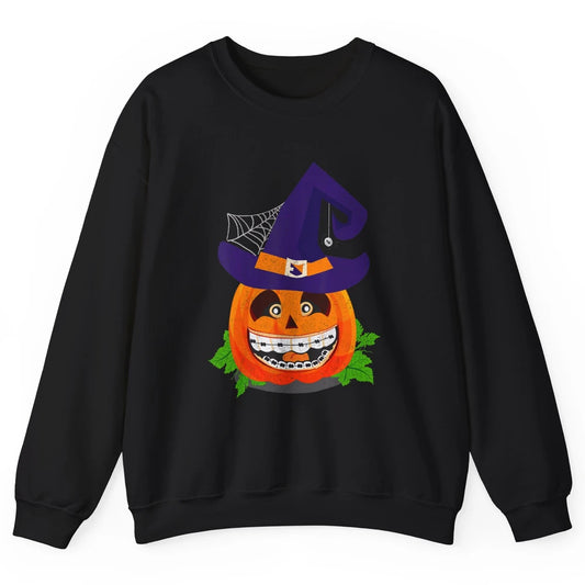 Pumpkin Witch Teeth Braces Dental Dentist Halloween Spooky Unisex Crewneck Sweatshirt