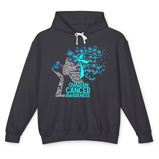 Ovarian Cancer Awareness Hope Love Cure Teal Ribbon Unisex Lightweight Hoodie