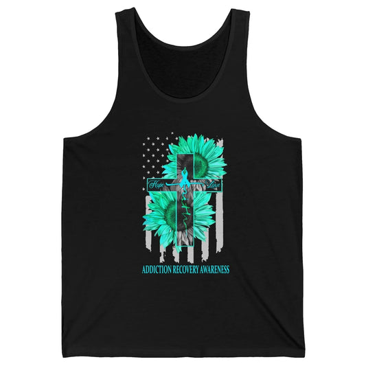 Addiction Recovery Faith Hope Love Teal US Flag Jesus Cross Unisex Jersey Tank