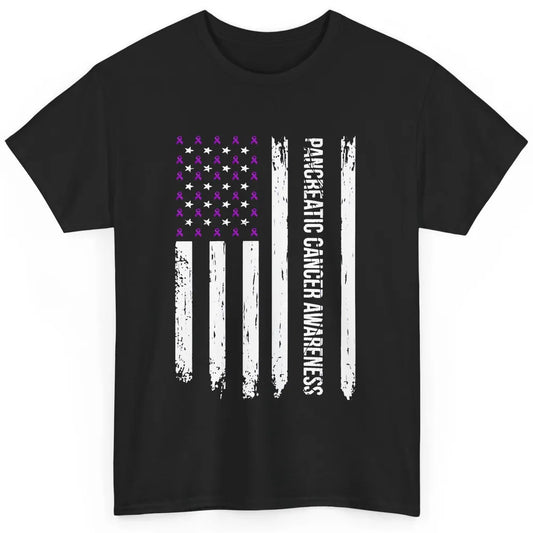Vintage Pancreatic Cancer Awareness USA Flag Purple Ribbon Classic Unisex T-Shirt