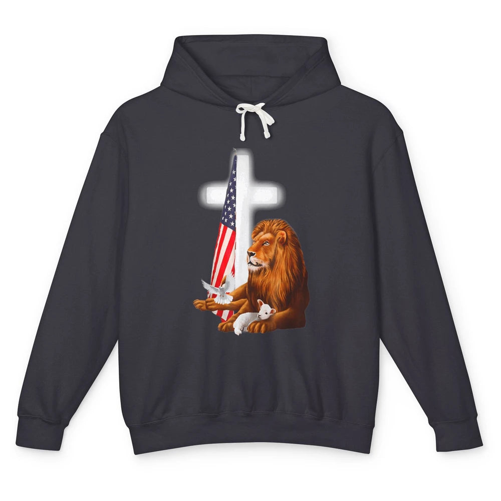 Patriotic Christian Lamb Bible Verse Lion Cross Religious Unisex Lightweight Hoodie
