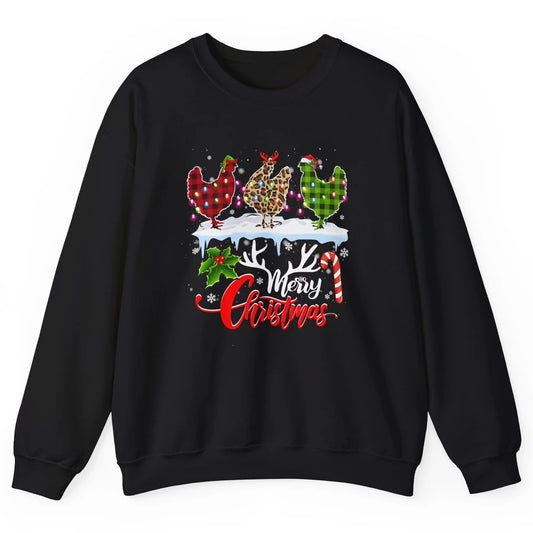 Merry Christmas Three Chickens Buffalo Leopard Red Plaid Hen Unisex Crewneck Sweatshirt