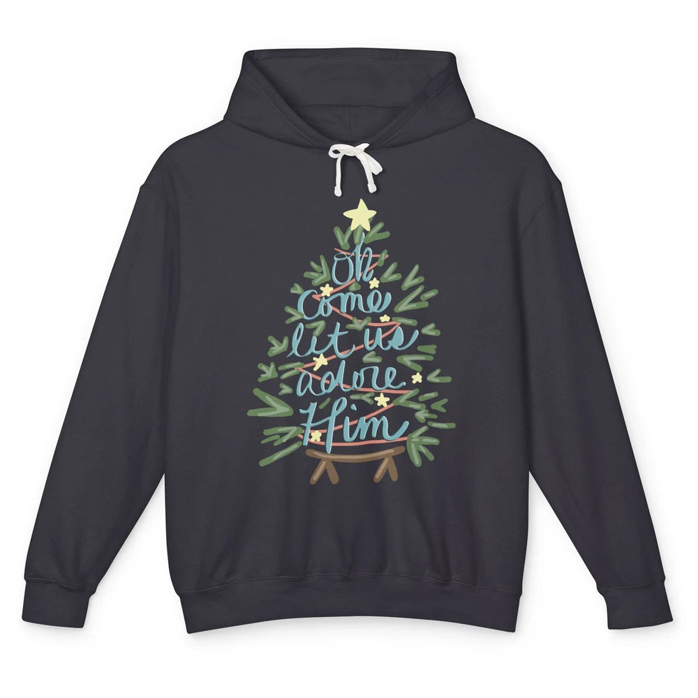 Retro Christmas Tree Oh Come Let Us Adore Him Groovy Xmas Unisex Lightweight Hoodie