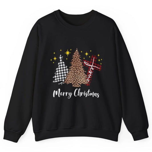 Merry Christmas Xmas Tree Cross Red Plaid Christian Leopard Unisex Crewneck Sweatshirt
