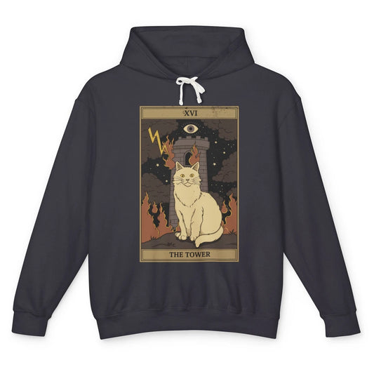 Retro Halloween Cat Witch The Tower Tarot Card Witchcraft Unisex Lightweight Hoodie