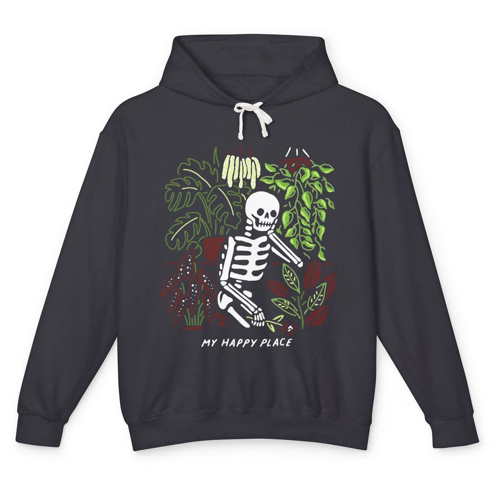 Retro Funny Skeleton Gardening My Happy Place Plant Lovers Unisex Lightweight Hoodie