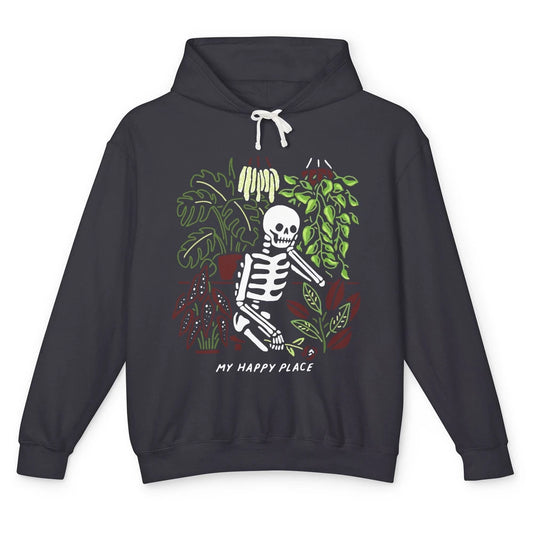 Retro Funny Skeleton Gardening My Happy Place Plant Lovers Unisex Lightweight Hoodie