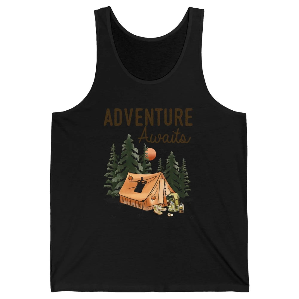 Retro Camping Tent Mountain Sunset Adventure Awaits Campers Unisex Jersey Tank