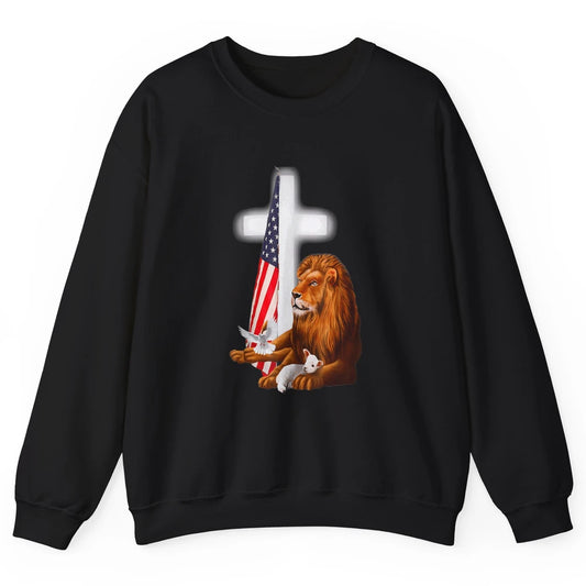 Patriotic Christian Lamb Bible Verse Lion Cross Religious Unisex Crewneck Sweatshirt