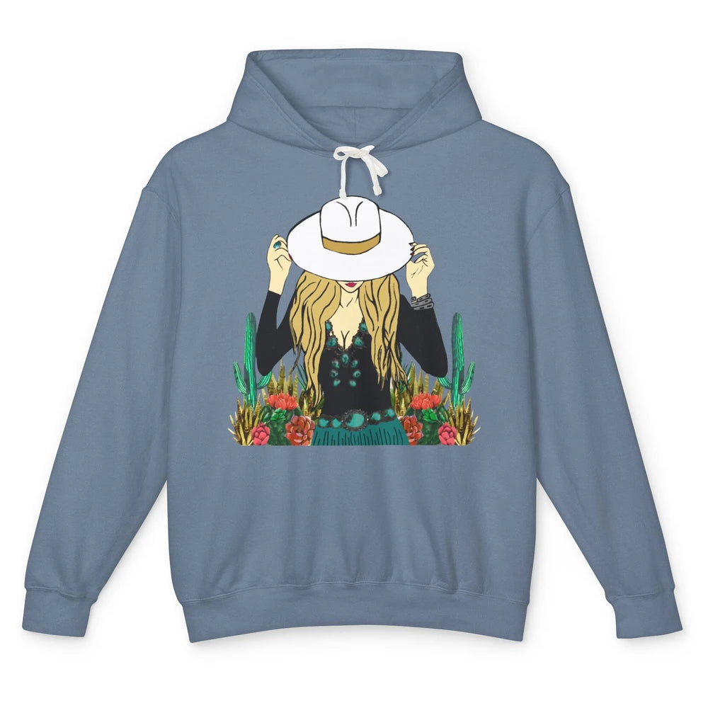 Retro Blonde Cowgirl Punchy Cowhide Turquoise Western Cowboy Unisex Lightweight Hoodie