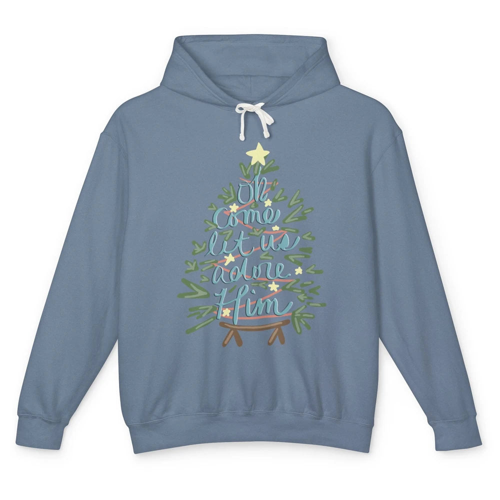 Retro Christmas Tree Oh Come Let Us Adore Him Groovy Xmas Unisex Lightweight Hoodie