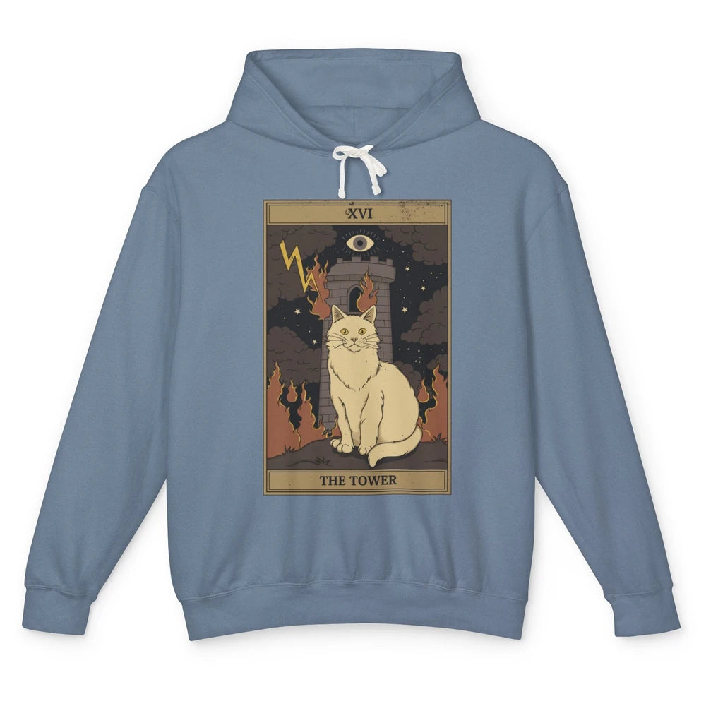Retro Halloween Cat Witch The Tower Tarot Card Witchcraft Unisex Lightweight Hoodie