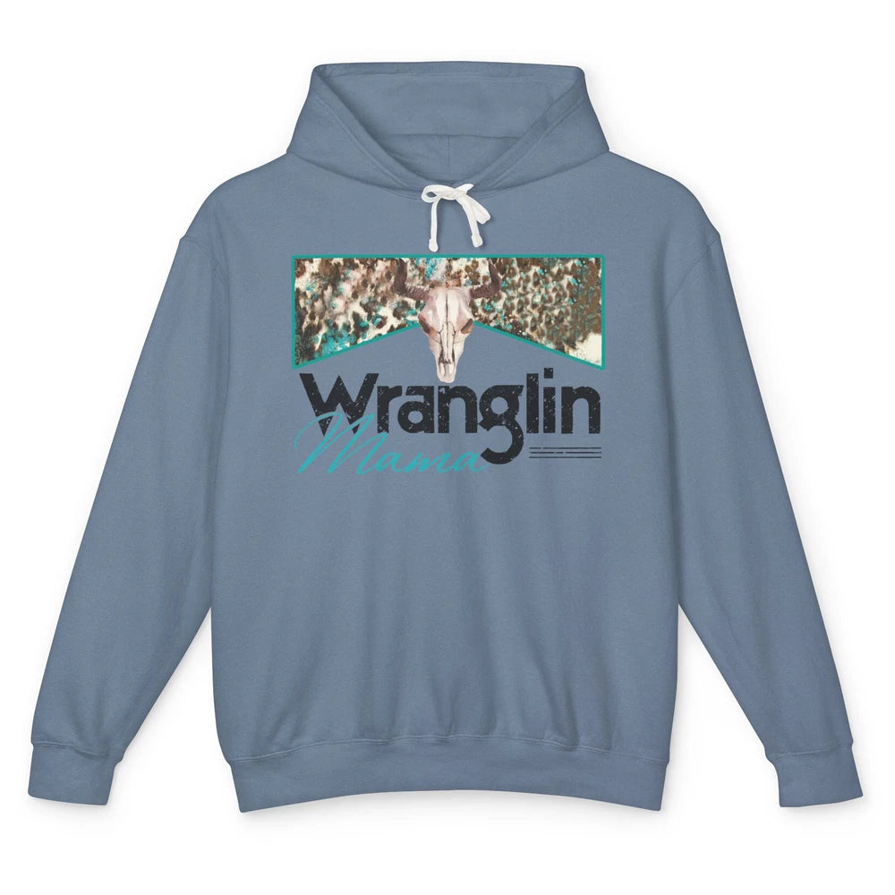 Retro Cowhide Bull Skull Wrangling Mama Western Country Girl Unisex Lightweight Hoodie
