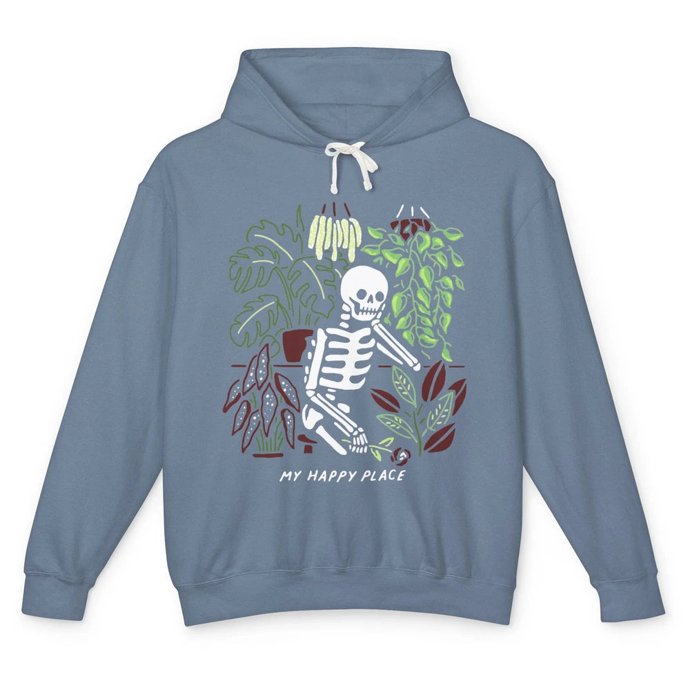 Retro Funny Skeleton Gardening My Happy Place Plant Lovers Unisex Lightweight Hoodie