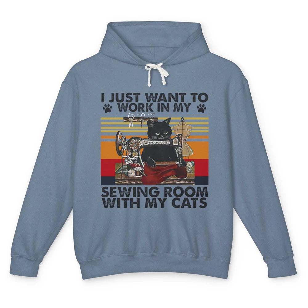 Retro I Just Want To Work In My Sewing Room With My Cats Unisex Lightweight Hoodie