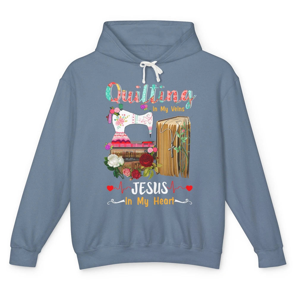 Quilting In My Veins Jesus In Heart Christian Retro Quilt Unisex Lightweight Hoodie