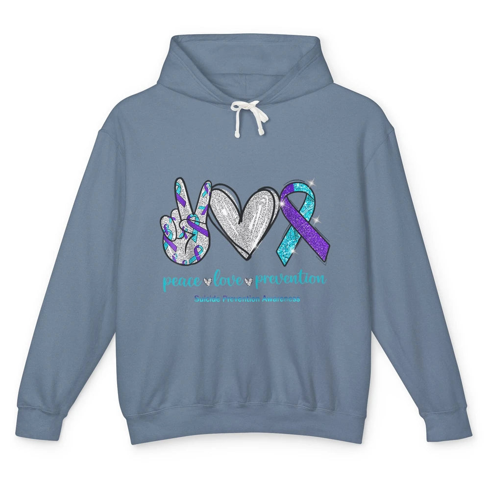 Peace Love Teal Purple Ribbon Suicide Prevention Awareness Unisex Lightweight Hoodie
