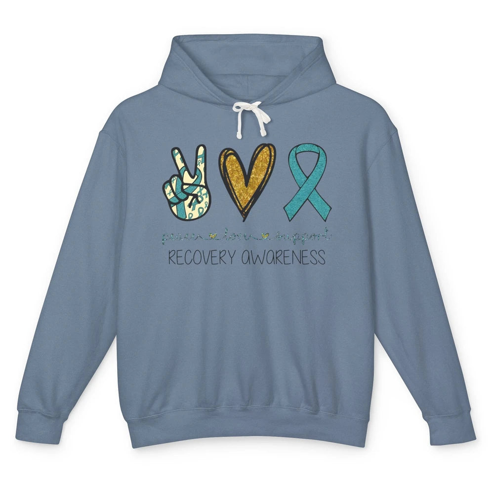 Peace Love Support Addiction Recovery Awareness Blue Ribbon Unisex Lightweight Hoodie
