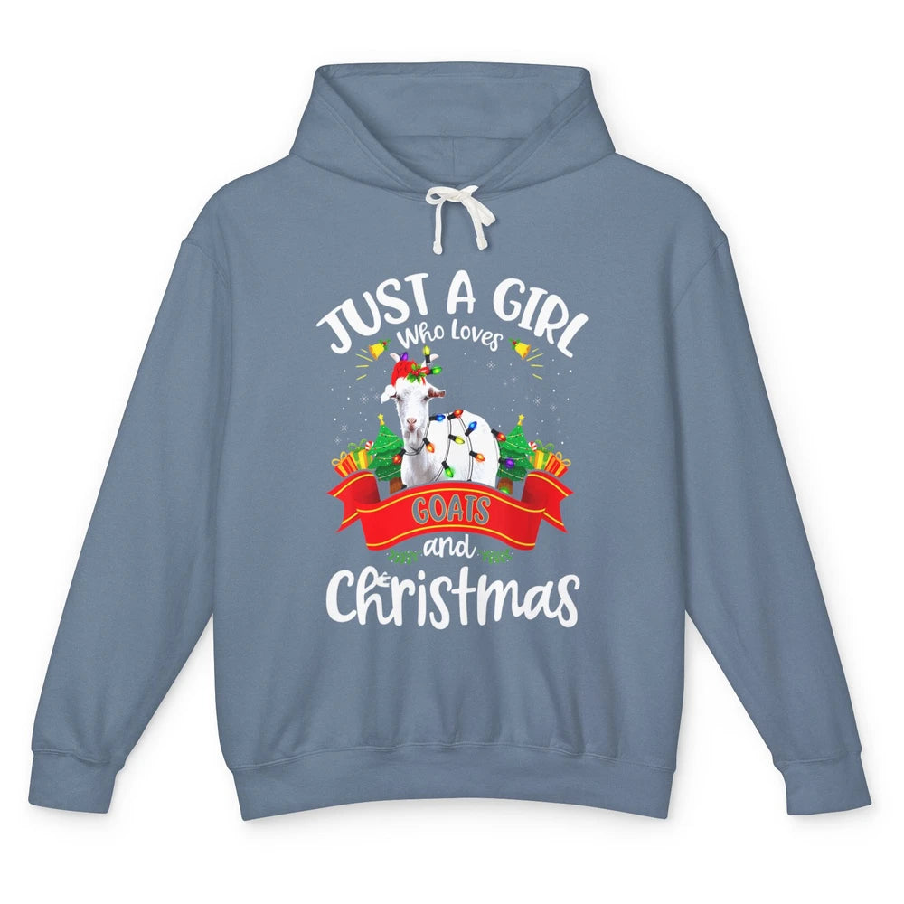Merry Christmas Just Girl Loves Goat And Xmas Tree Lights Unisex Lightweight Hoodie