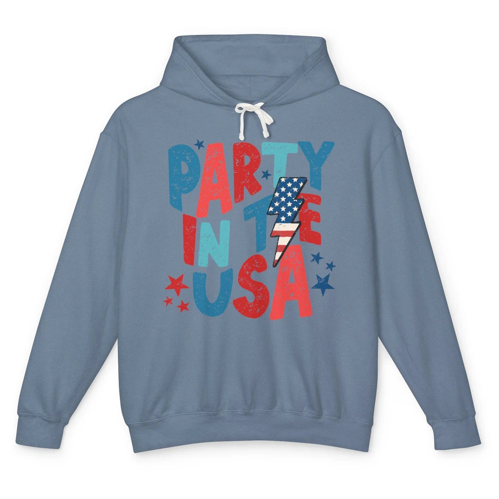 Party In The USA US Flag Lightning Bolt July 4th US Patriot Unisex Lightweight Hoodie