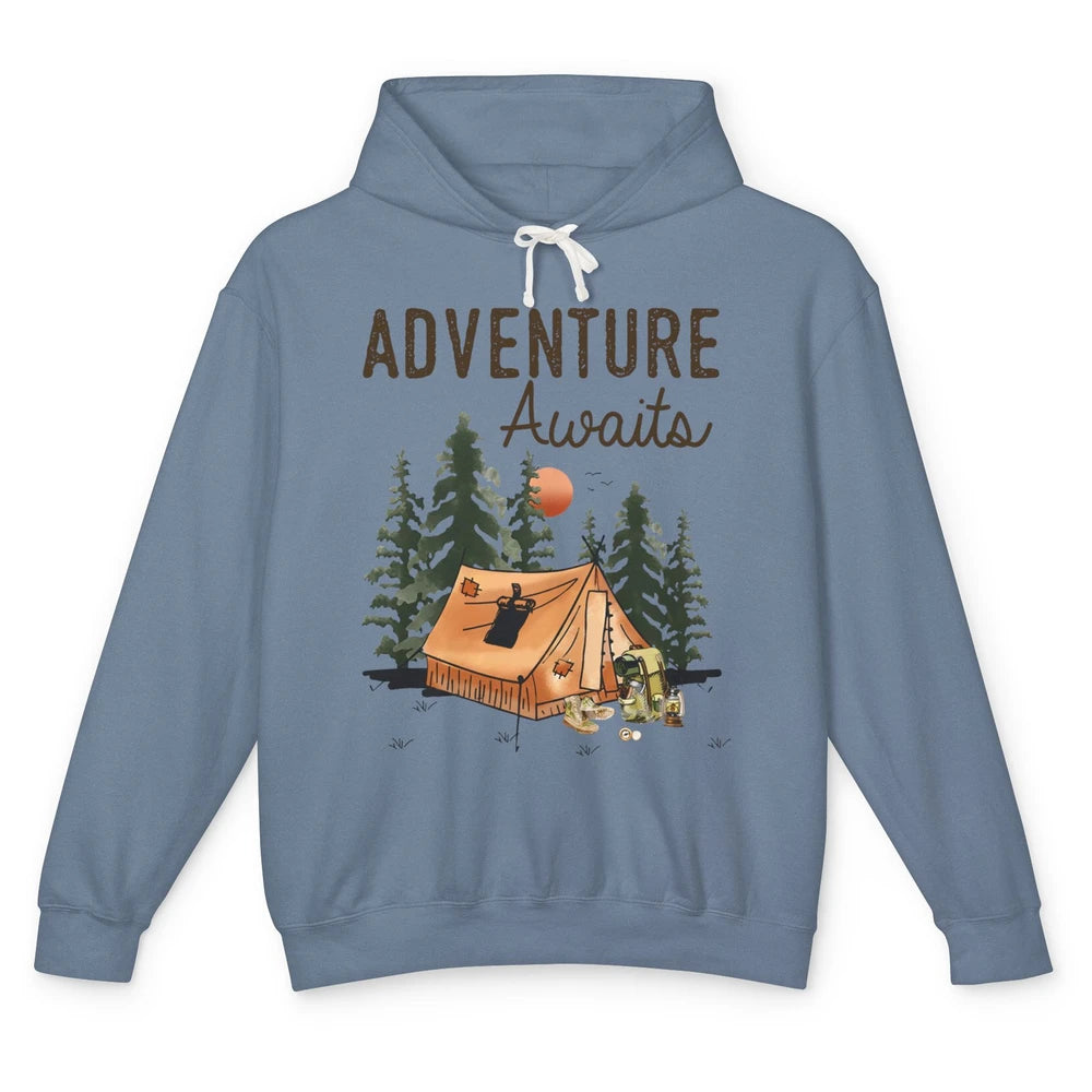 Retro Camping Tent Mountain Sunset Adventure Awaits Campers Unisex Lightweight Hoodie
