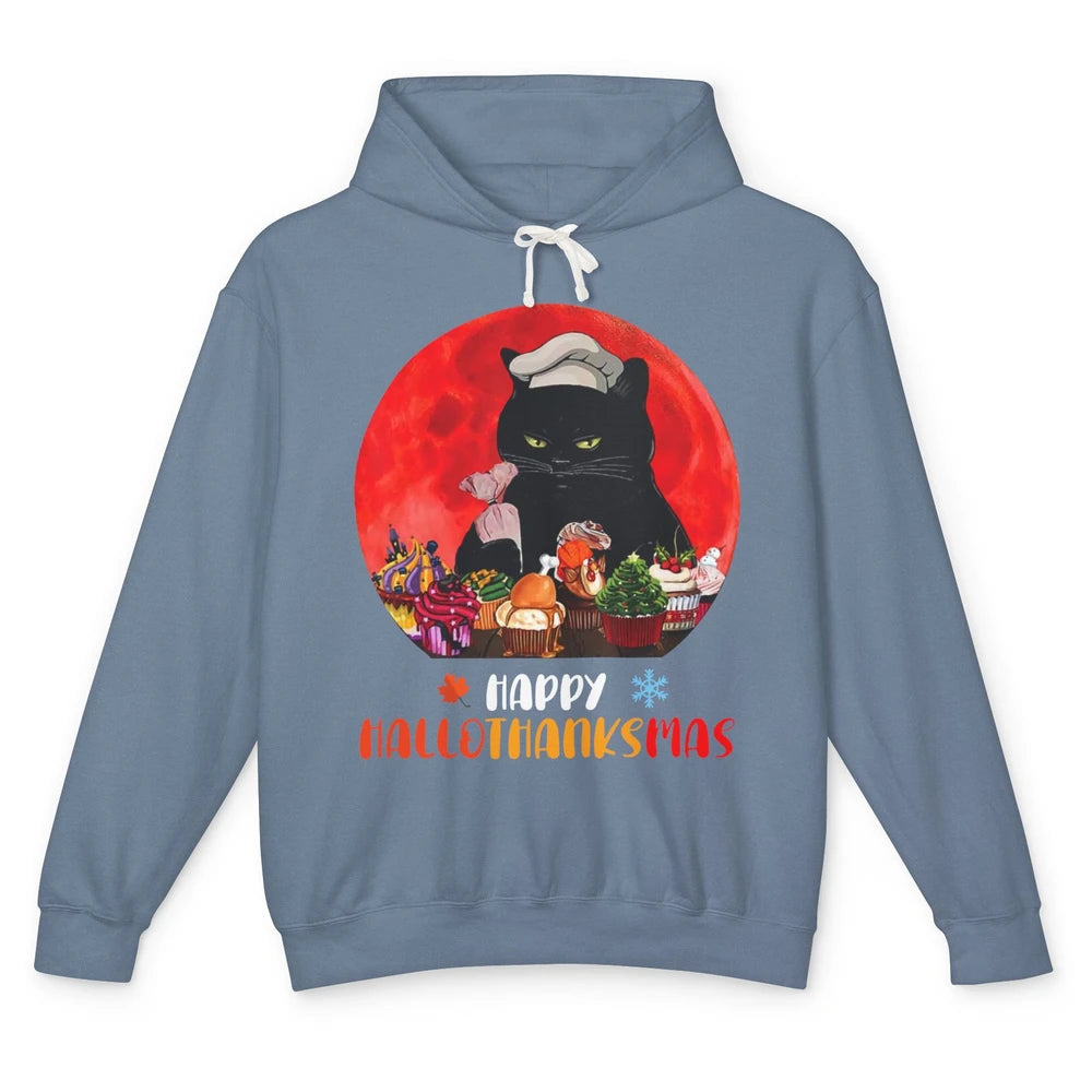 Black Cat Happy Hallothanksmas Baker Cat Halloween Christmas Unisex Lightweight Hoodie