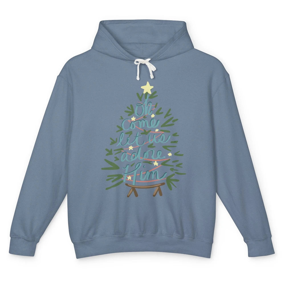 Oh Come Let Us Adore Him Groovy Christmas Tree Church Xmas Unisex Lightweight Hoodie