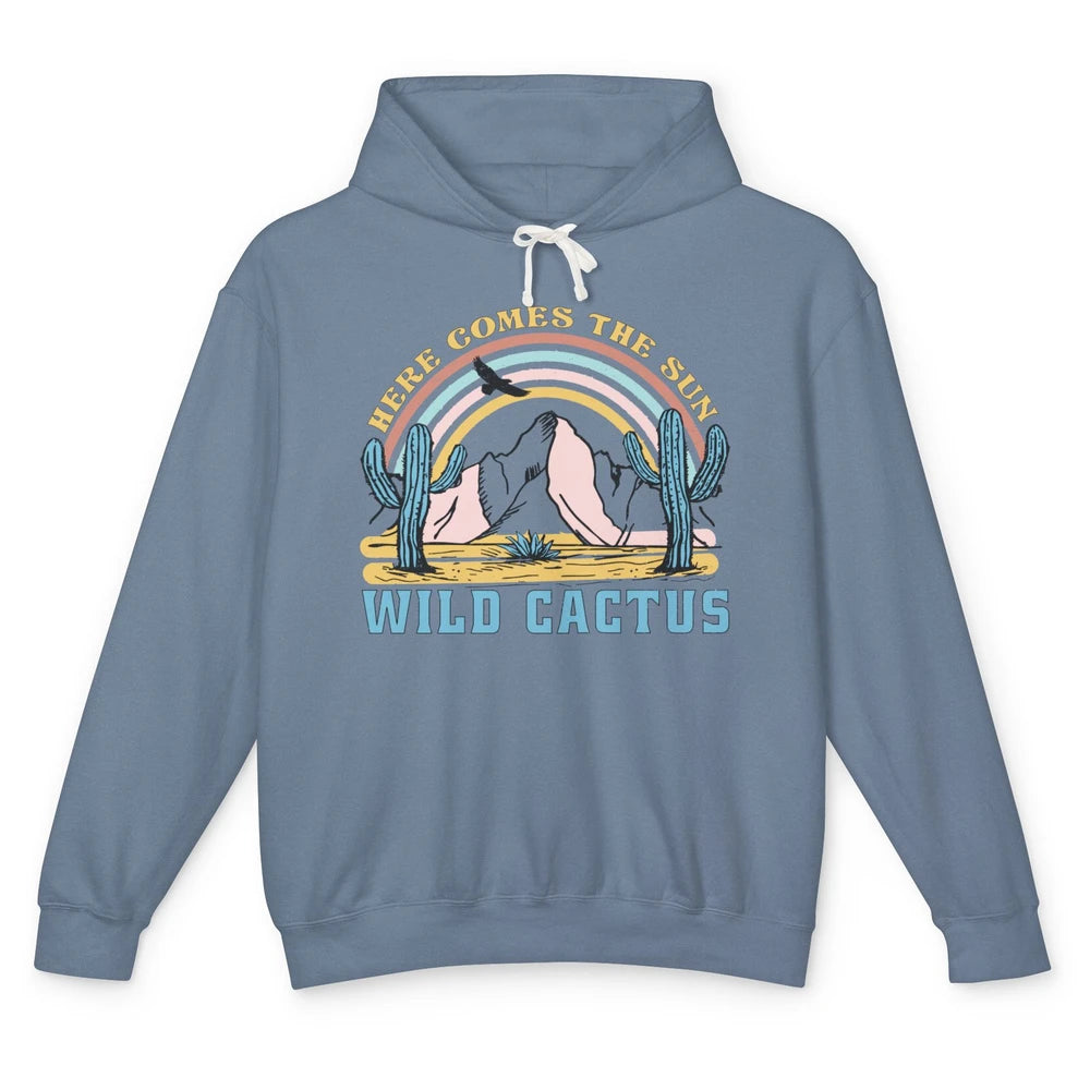 Retro Rainbow Here Come The Sun Wild cactus Desert Western Unisex Lightweight Hoodie
