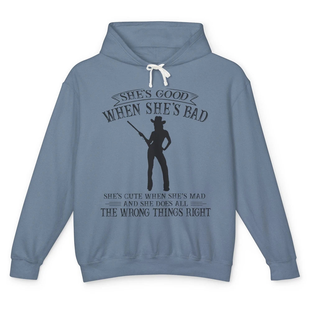 Retro Cowgirl She's Good When She's Bad Western Country Girl Unisex Lightweight Hoodie