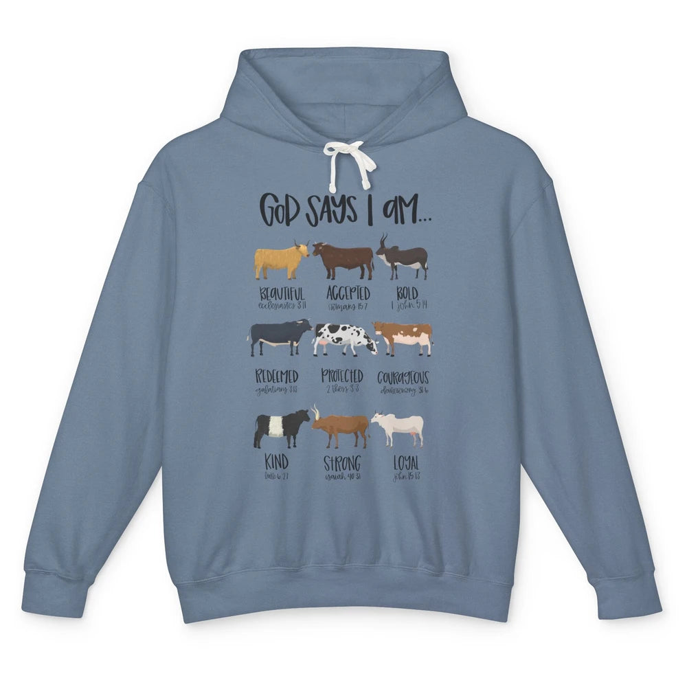 Retro Country Cows God Says I Am Bible Christian Western Unisex Lightweight Hoodie