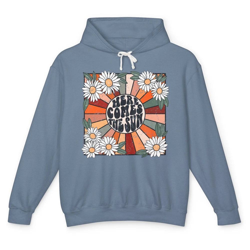 Retro Daisy Rainbow Sunrise Here Comes The Sun Hippie Girl Unisex Lightweight Hoodie