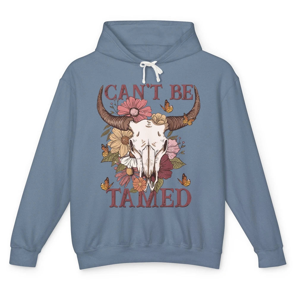 Retro Floral Boho Bull Skull Can't Be Tamed Western Country Unisex Lightweight Hoodie