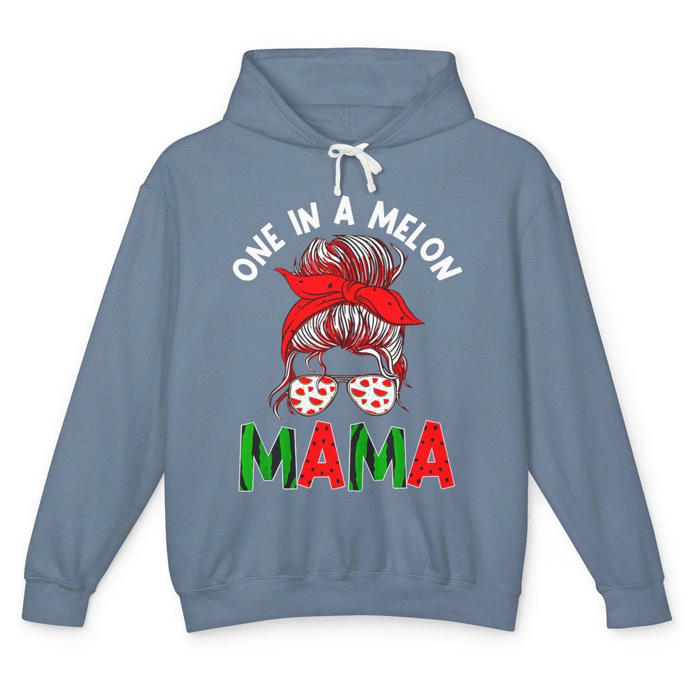 One In A Melon Mama Messy Bun Watermelon Summer Fruit Mother Unisex Lightweight Hoodie