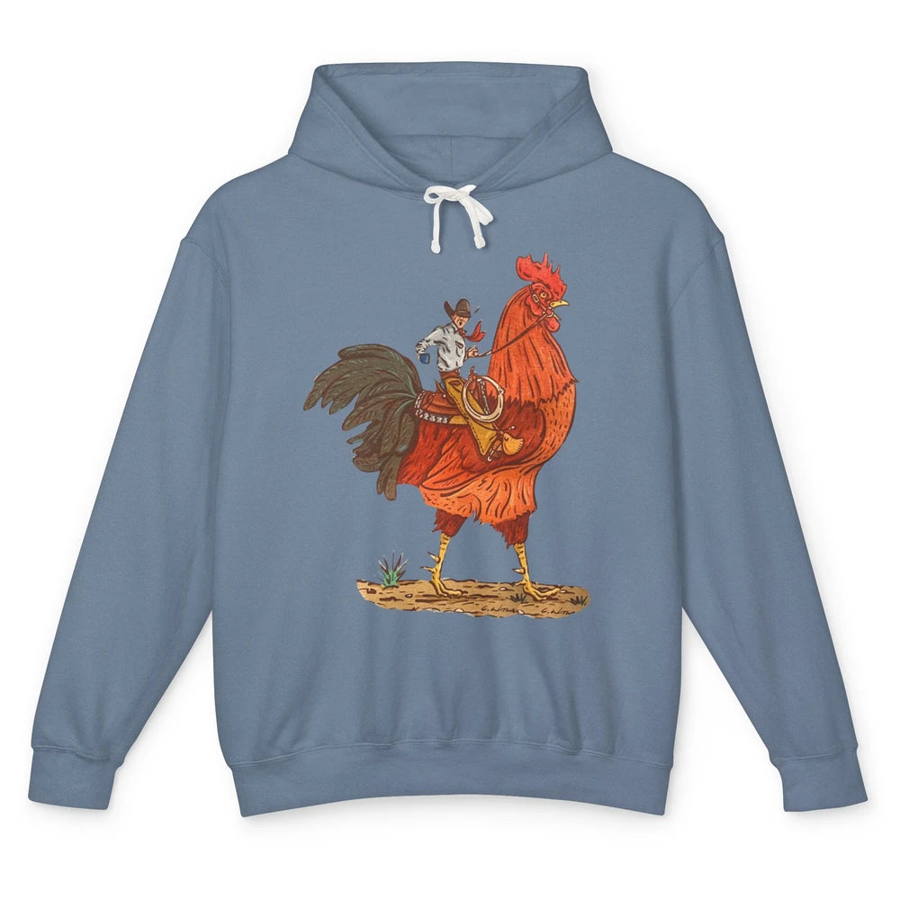 Retro Cowboy Riding Rooster Funny Western Country Cowboy Unisex Lightweight Hoodie