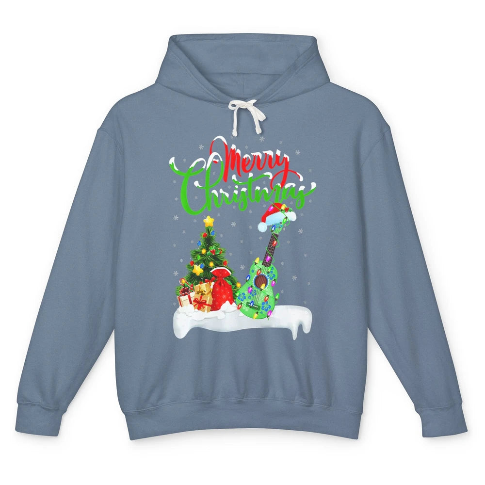 Merry Christmas Funny Ukulele Xmas Lights Santa Hat Music Unisex Lightweight Hoodie