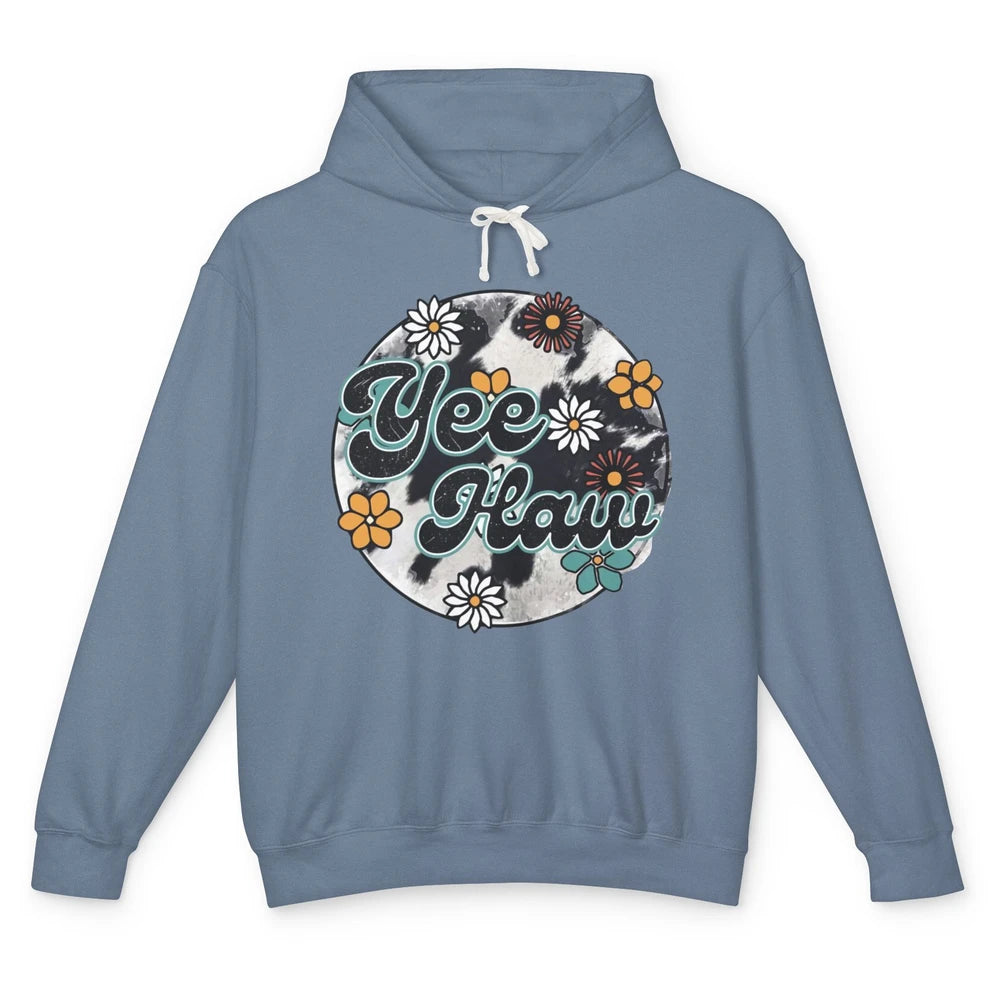 Retro Groovy Daisy Yee Haw Cowhide Western Country Cowgirl Unisex Lightweight Hoodie