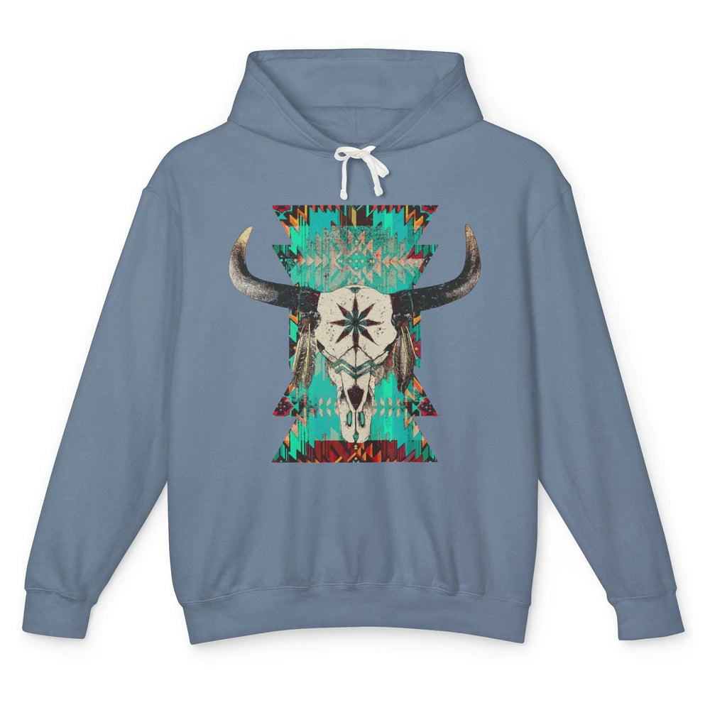 Boho Bull Skull Turquoise Aztec Western Country Rodeo Cowboy Unisex Lightweight Hoodie