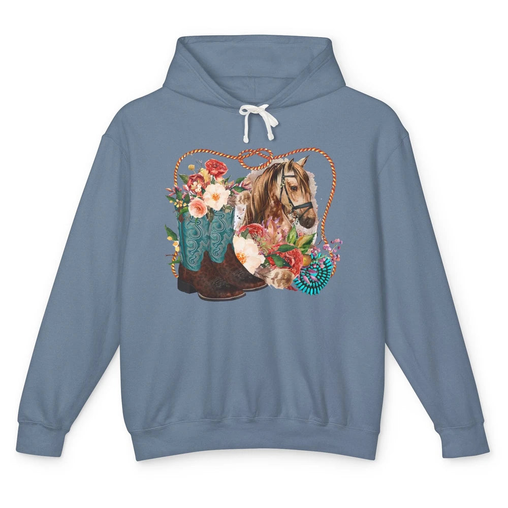 Retro Floral Cowboy Boots And Horse Western Country Cowgirl Unisex Lightweight Hoodie