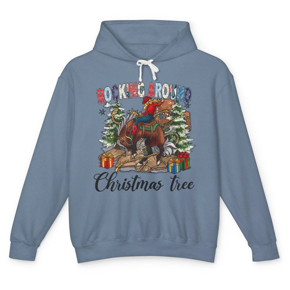 Funny Cowgirl Horsing Rocking Around Christmas Tree Western Unisex Lightweight Hoodie