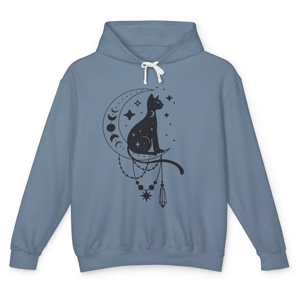 Retro Halloween Gothic Cat Witch The Moon Tarot Witchcraft Unisex Lightweight Hoodie