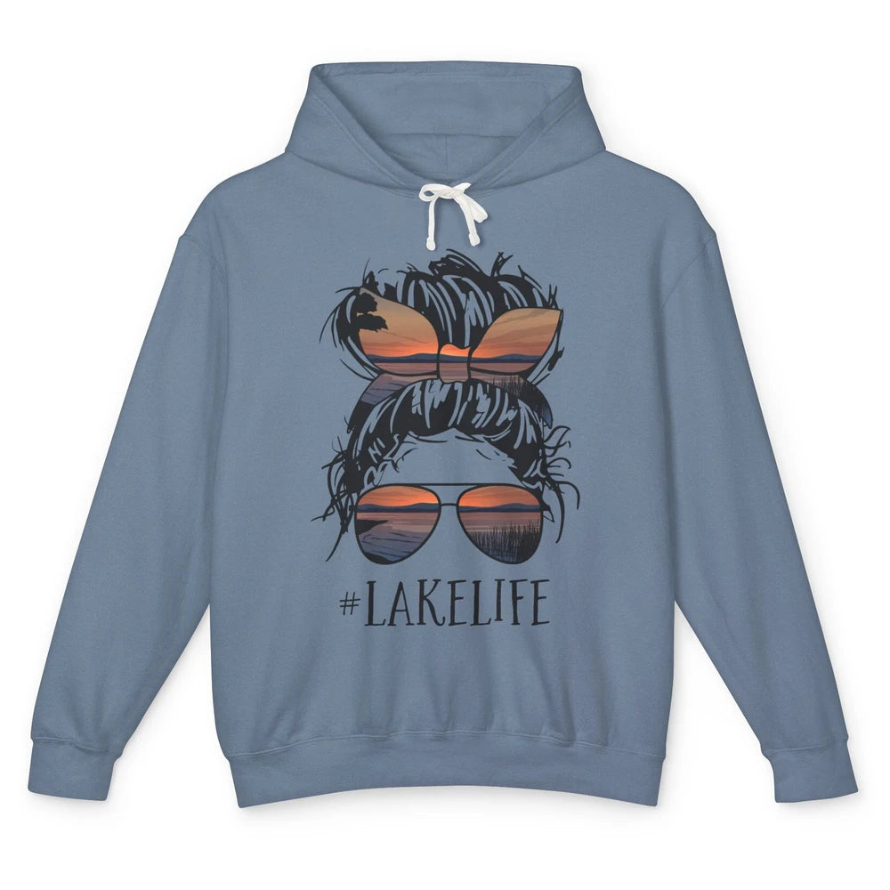 Lake Life Messy Bun Hair Girl Women Retro Lake Summer Gift Unisex Lightweight Hoodie