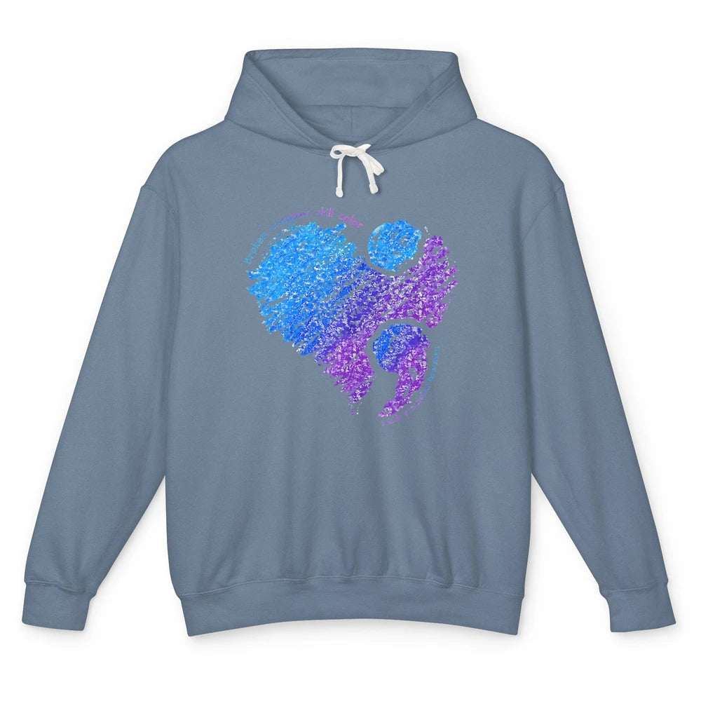 Semicolon Turquoise Blue Ribbon Heart Suicide Prevention Unisex Lightweight Hoodie