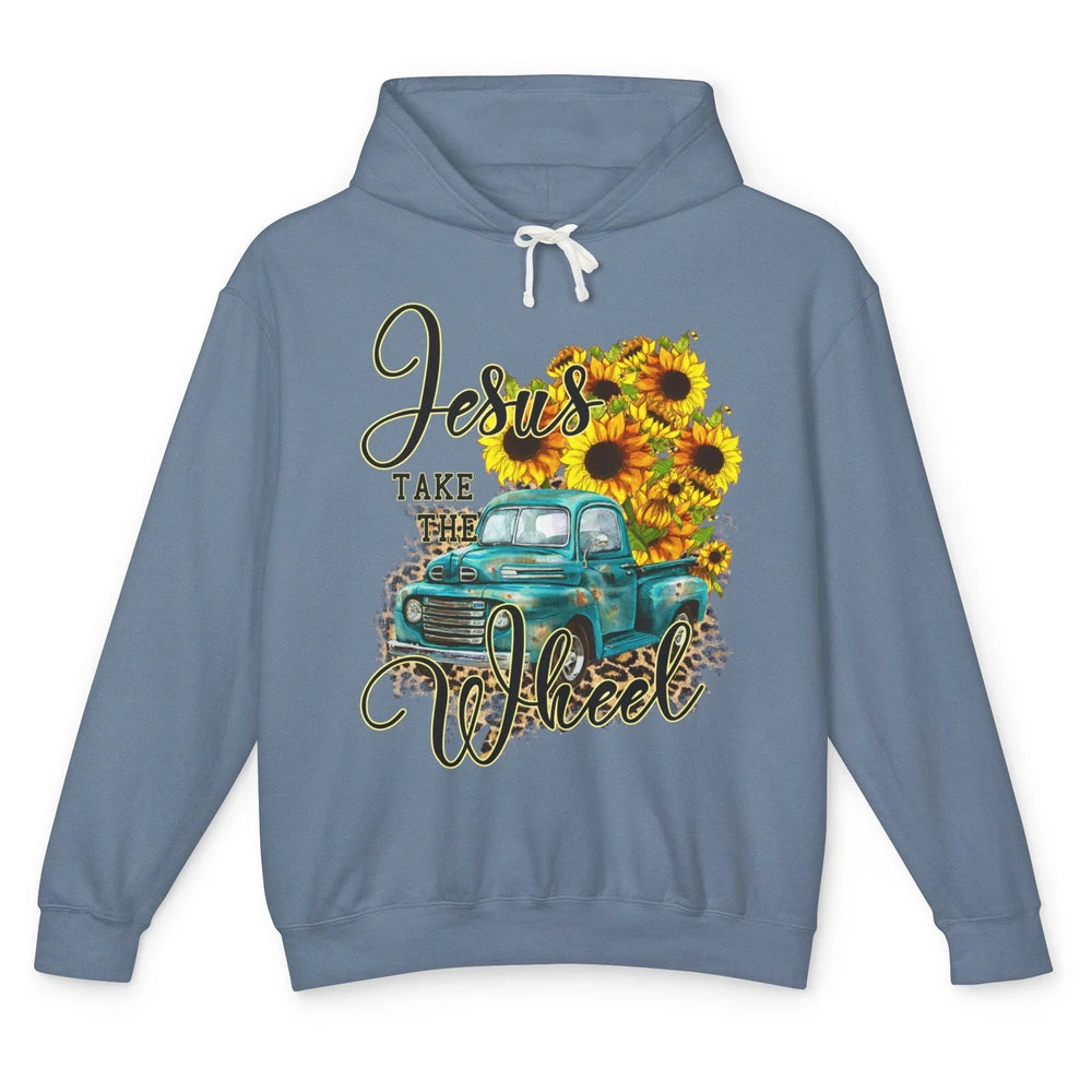 Sunflower Jesus Take The Wheel Christian Gift Leopard Print Unisex Lightweight Hoodie