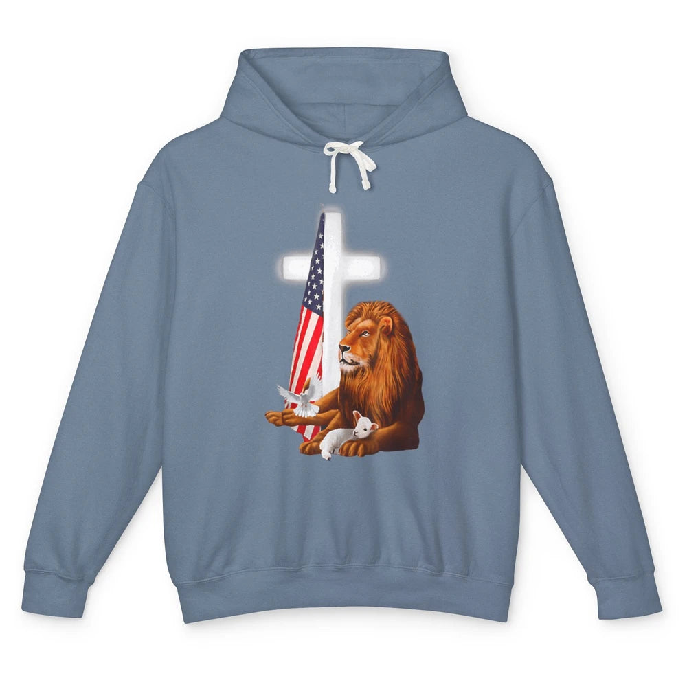 Patriotic Christian Lamb Bible Verse Lion Cross Religious Unisex Lightweight Hoodie