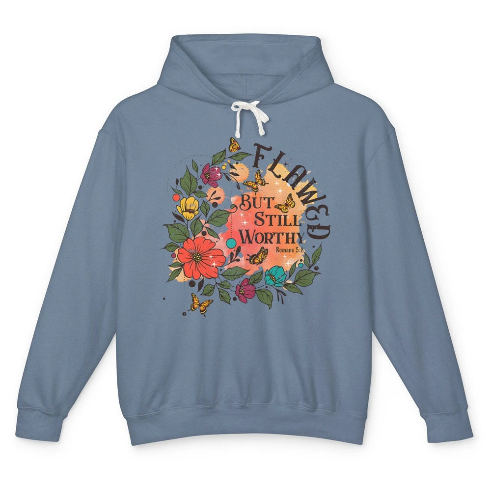 Retro Floral Flawed But Still Worthy Bible Verse Christian Unisex Lightweight Hoodie