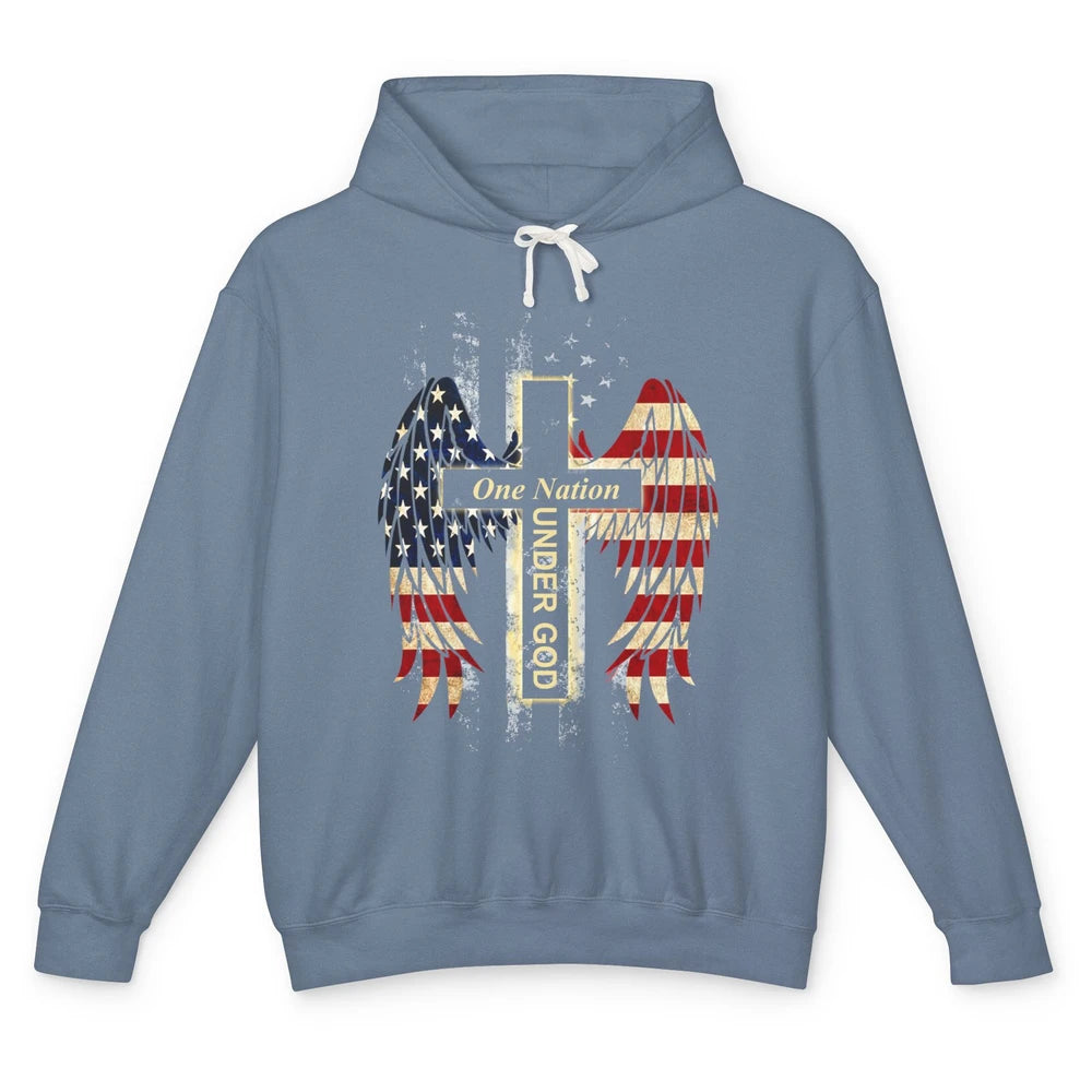 Patriotic One Nation Under God American Flag Faith Cross Unisex Lightweight Hoodie