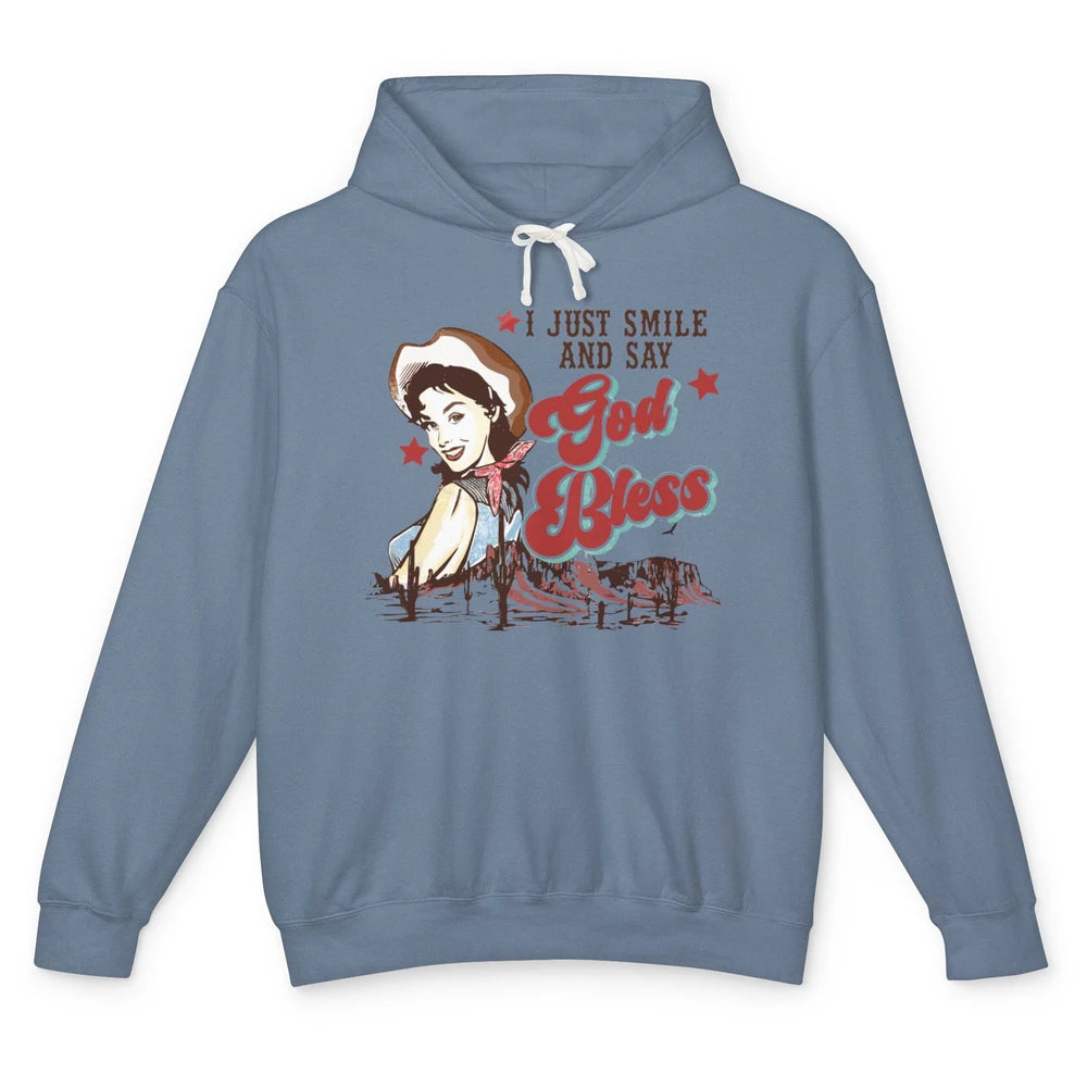 Retro Cowgirl Just Smile And Say God Bless Western Desert Unisex Lightweight Hoodie