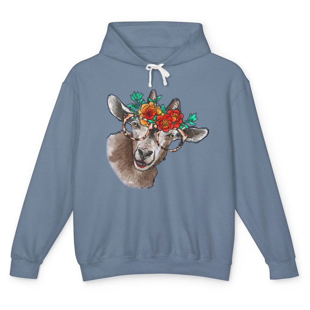 Retro Goat Glasses Flower Goat Girl Goat Lovers Gift Unisex Lightweight Hoodie
